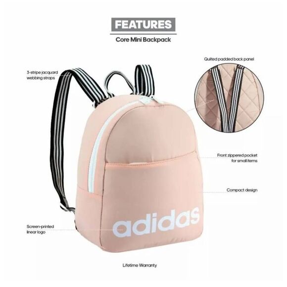 Adidas Mini Backpack Light Pink Glow White Logo Travel Bag NEW - Picture 2 of 8